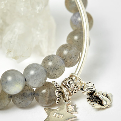 Vòng 2 line đá xà cừ xám ánh xanh phối charm nén bạc hạt 7mm - Ngọc Quý Gemstones