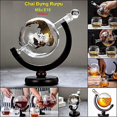 Chai Đựng Rượu Thủy Tinh 1500ML mẫu Globe cao cấp nắp thủy tinh đặc kèm đế gỗ - Vỏ Chai Rượu Đẹp trang trí – Bình Đựng Rượu Thủy Tinh decor (E18)