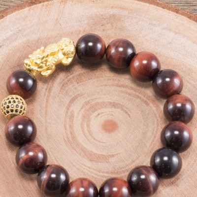 Vòng Tay Nam Đá Mắt Hổ Nâu Đỏ Phối Tỳ Hưu Bạc Mạ Vàng 24K Ngọc Quý Gemstones
