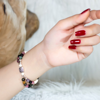 Vòng tay đôi phong thủy đá Tourmaline đa sắc thiên nhiên mix hổ phách AAAAA #VT041