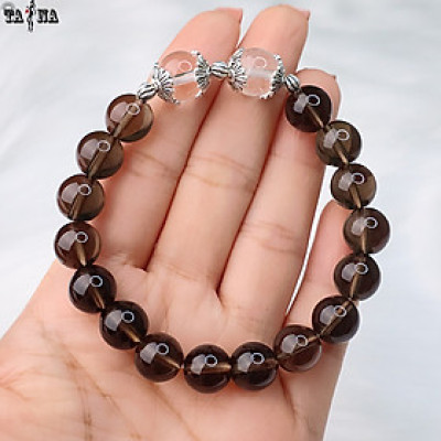 Vòng tay thạch anh khói kết hợp thạch anh trắng10mm mix charm bạc 925 cao cấp