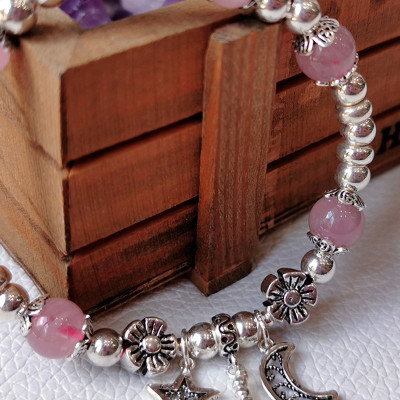 Vòng tay đá thạch anh hồng phối charm trăng sao mệnh hỏa, thổ - Ngọc Quý Gemstones