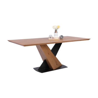 Bàn ăn VALDUS mặt gỗ công nghiệp phủ veneer sồi sang trọng, chân chữ X bằng thép sơn tĩnh điện đen