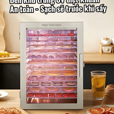 Máy Sấy Thực Phẩm Inox 12 Khay HTG ST06 Sấy Khô Hoa Quả, Thịt Cá, Rau Củ, Có Tia UV, Hàng Chính Hãng