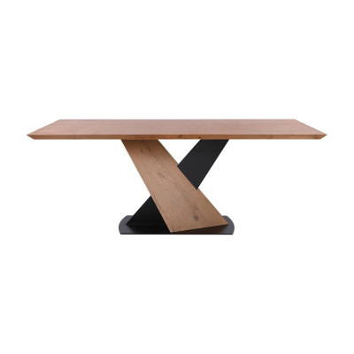 Bàn ăn VALDUS mặt gỗ công nghiệp phủ veneer sồi sang trọng, chân chữ X bằng thép sơn tĩnh điện đen
