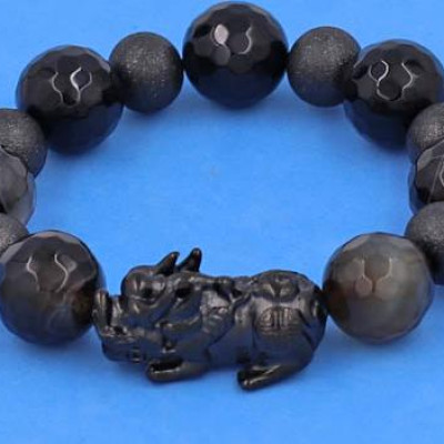 Vòng tay Tỳ Hưu inox Charm Thạch Anh Đen Nâu Cắt Gíac 16 ly phối 6 bi - hợp mệnh Mộc, mệnh Thủy - Vòng size XXL