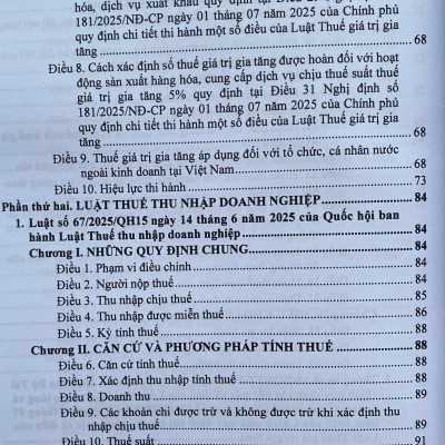 Luật thuế; Thuế giá trị gia tăng; Thu nhập doanh nghiệp; Thuế thu nhập cá nhân; Thuế xuất khẩu, Thuế nhập khẩu; Thuế tiêu thu đặc biệt; Thuế tài nguyên; Thuế bảo vệ môi trường; Thuế sử dụng đất phi nông nghiệp và các văn bản hướng dẫn thi hành