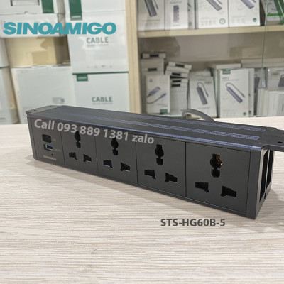 Sinoamigo STS-HG60B-5: Hộp ổ cắm Âm Bàn Hiện Đại Với Thiết Kế Lắp Âm Dưới Bàn - Tích hợp 4 ổ cắm đa năng, 1 cổng sạc USb type C (PD) và 1 cổng sạc USB type A (QC-3.0) - Hàng chính hãng
