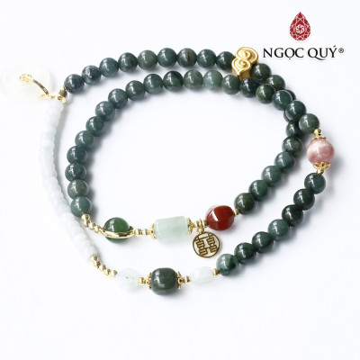 Vòng cẩm thạch 3 line phối charm bạc mạ vàng mệnh hỏa, mộc - Ngọc Quý Gemstones