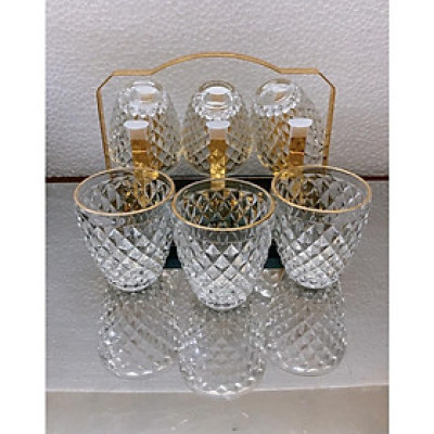 Combo giá úp cốc mạ vàng có khay hứng nước kèm 6 cốc loe vân hạt kim cương