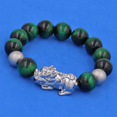 Vòng tay đá Mắt Hổ Xanh Lá 14 ly size lớn mix Tỳ Hưu inox trắng VMHXLTHHBT14 - hợp mệnh Hỏa, mệnh Mộc