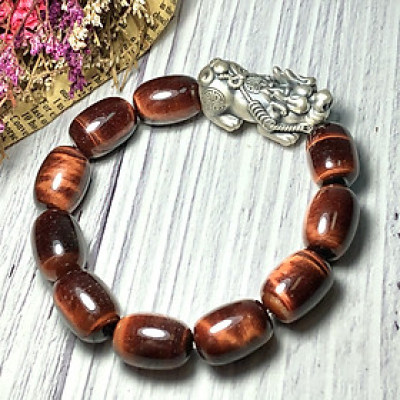 Vòng tay Thạch Anh Mắt Hổ nâu đỏ hạt trụ mix tỳ hưu