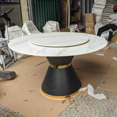 Bộ bàn ăn thông minh mặt đá phiến tròn mâm xoay kết hợp ghế Moca