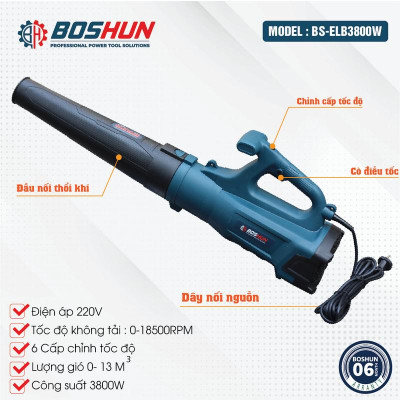 Máy Thổi Lá Cầm Tay Dùng Điện 220V Boshun - BS-ELB3800W - Công Suất Lớn, 6 Cấp Tốc Độ, Cấp Gió  - Bảo Hành Chính Hãg 6 Tháng