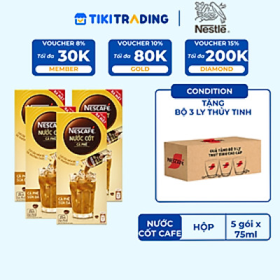 [TẶNG 3 LY THUỶ TINH] Combo 4 hộp nước cốt cà phê NESCAFÉ - CÀ PHÊ SỮA ĐÁ (4 hộp x 5 gói x 75ml)