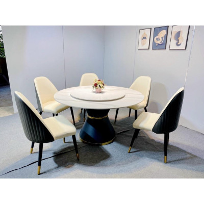 Bộ bàn ăn thông minh mặt đá phiến tròn mâm xoay kết hợp ghế Moca