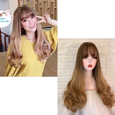 Tóc giả nguyên đầu️ vàng kim ombre nâu vàng- tặng lưới chùm tóc