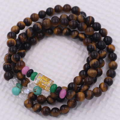 Vòng chuỗi 108 hạt đá mắt hổ vàng đen charm lục tự chân ngôn - hạt 8 ly ( size lớn ), vòng chuỗi niệm Phật, vòng chuỗi đeo tay