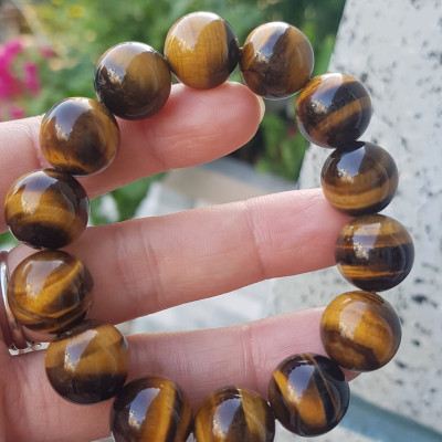 Vòng tay phong thủy Nam Đá Mắt Hổ Vàng Nâu Đậm bóng đẹp Size 4mm hay 14li gồm 14 hạt Hợp nam mệnh thổ mệnh kim ạ