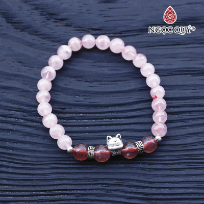 Vòng thạch anh hồng phối thạch anh dâu charm hồ ly 9 đuôi bạc - Ngọc Quý Gemstones