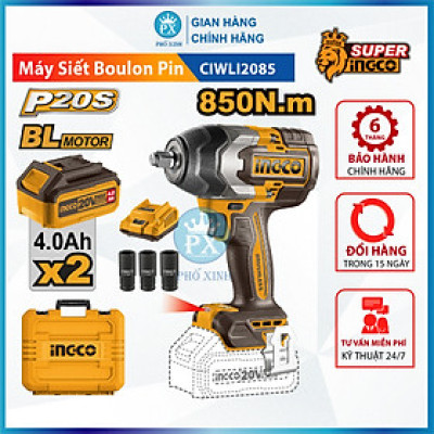 Máy siết bulong INGCO 850NM xe ô tô xe máy xe tải tháo mở ốc bulong pin KHÔNG CHỔI THAN CIWLI2085 kèm 1 sạc 2 pin 4ah