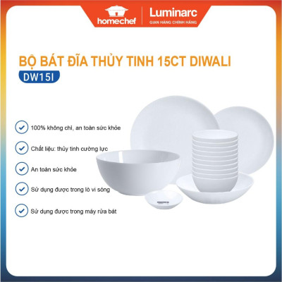 Bộ bát đĩa (tô, chén, dĩa) thủy tinh Luminarc Diwali 15 chi tiết, chịu sốc nhiệt tốt - DW15L