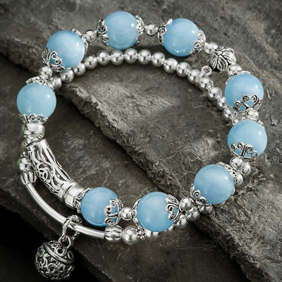 Vòng 2 line đá Aquamarine phối charm bạc size hạt 10mm mệnh thủy, mộc - Ngọc Quý Gemstones