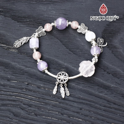 vòng thạch anh hồng phối thạch anh tím ngọc charm bạc - Ngọc Quý Gemstones