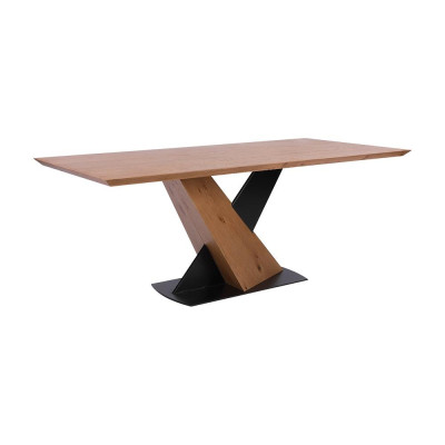 Bàn ăn VALDUS mặt gỗ công nghiệp phủ veneer sồi sang trọng, chân chữ X bằng thép sơn tĩnh điện đen