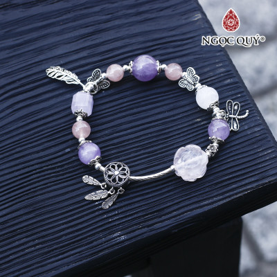 vòng thạch anh hồng phối thạch anh tím ngọc charm bạc - Ngọc Quý Gemstones