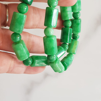 Vòng đeo tay nữ đá cẩm thạch xanh mix kiểu hạt ống vuông dài tròn size 10mm Nữ mệnh mộc hỏa thủy đeo xinh may mắn ạ