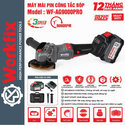 [Chống Lật Cổ Tay] Máy Mài 100mm Dùng Pin Workfix WF-AG9000PRO -Công Tắc Bóp - Brushless Motor - 2 Pin 15 Cell 21V/4.5Ah