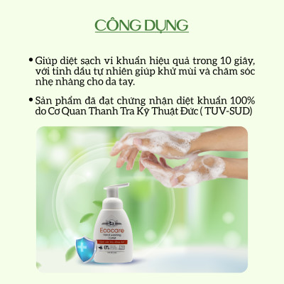 Nước rửa tay hữu cơ diệt khuẩn dạng bọt tinh dàu Cam 250ml thương hiệu Ecocare