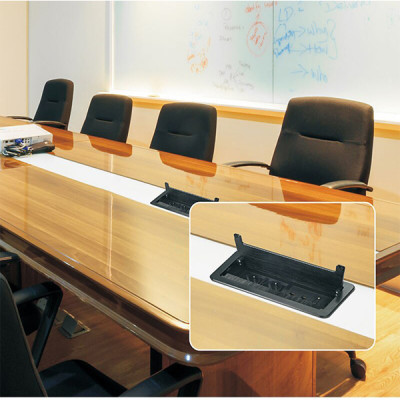 Ổ điện âm bàn văn phòng Sinoamigo STS-130B màu đen, thiết kế nắp lật, mặt nắp nhôm xước dễ bền đẹp, Ổ cắm lắp theo yêu cầu: điện, lan, tel, hdmi, vga, usb sạc