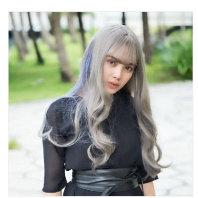 Tóc giả cao cấp xám line xanh- tặng lưới chùm tóc