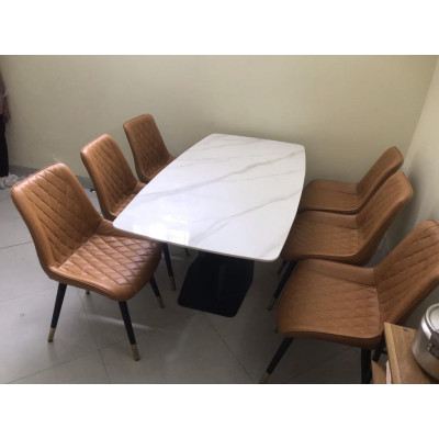 Bộ bàn ăn chân X 1m6 + 6 ghế Loft Trám mặt đá ceramic bóng  Thương hiệu Nội Thất Bình Long 