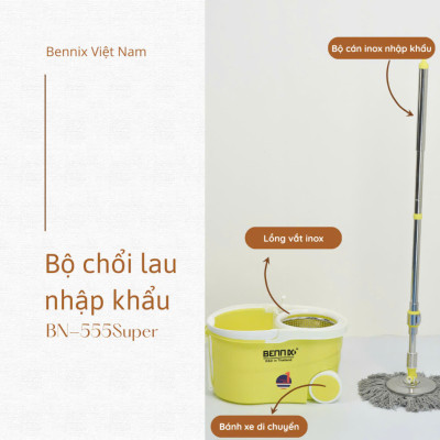 Bộ lau nhà cán Inox 304 Bennix Thái Lan BN-555WA xoay 360 có bánh xe lớn, bảo hành 12 tháng