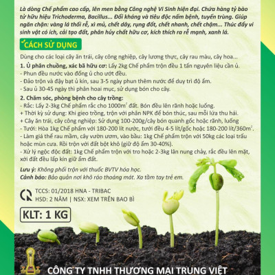 Combo 3 gói Chế phẩm vi sinh Trichoderma TRIBAC. Nấm Đối Kháng cực mạnh. Ngăn chặn tuyến trùng, nấm bệnh gây vàng lá thối rễ. Ủ phân chuồng hoai mục