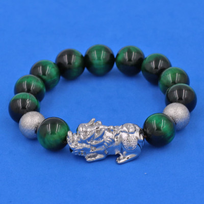 Vòng tay đá Mắt Hổ Xanh Lá 14 ly size lớn mix Tỳ Hưu inox trắng VMHXLTHHBT14 - hợp mệnh Hỏa, mệnh Mộc