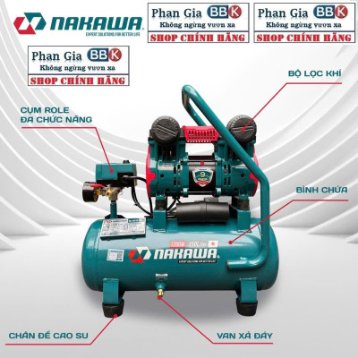 [chính hãƞg] Máy Nén Khí Không Dầu lên hơi nhanh Nakawa 15L, Động cơ siêu êm 100% lõi đồng, Bảo hành 1 năm