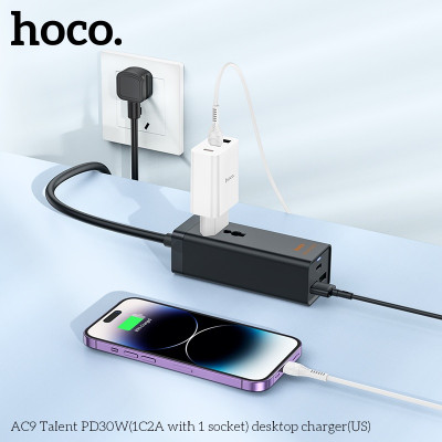 Ổ cắm điện đa năng sạc nhanh PD 30W cổng typeC + QC18W có 2*USB và 1*Type-C có 1 lỗ cắm tải 2500W dây dài 1.5m AC9 - Hàng chính hãng