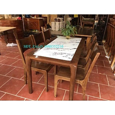 bàn ghế ăn gỗ sồi 80x1m6 gồm 6 ghế phun màu óc chó