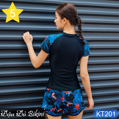 Bộ bơi 2 mảnh thể thao nữ, phong cách trẻ trung năng động, dáng áo cộc tay quần sooc đùi 2 lớp, chất đẹp dày dặn (dùng bơi, gym, yoga, chạy bộ) | KT201