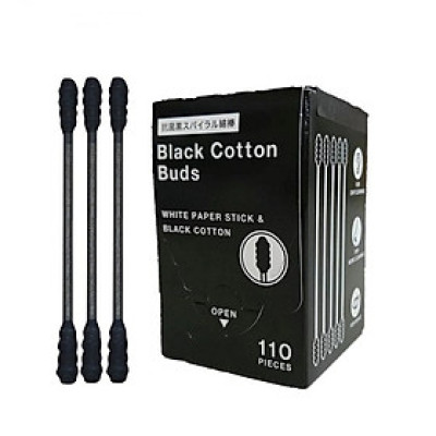 Hộp tăm bông kháng khuẩn than hoạt tính Sanritsu ( 110 que ) 100% Bông gòn tự nhiên mềm mại