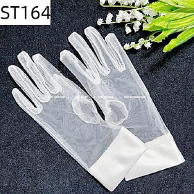 Găng tay cô dâu voan trắng cổ tay lụa phi bản to