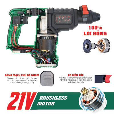 [Tặng Quạt Workfix 8 Inch + 1 Bộ Mũi Khoan Đục Bê Tông] Máy Khoan Đục Bê Tông 3 Chức Năng Dùng Pin 21V Workfix - WF-RH3003PRO - Có Anti-kickback, Giảm Rung RVT - 6 Tốc Độ - Chân Pin Phổ thông 2 Pin 21V/6Ah - Động Cơ Từ Lõi Đồng