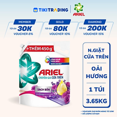 Túi Nước Giặt ARIEL Chuyên Gia Cửa Trên Ngăn Lem Màu - Hương Lavender 3.65KG