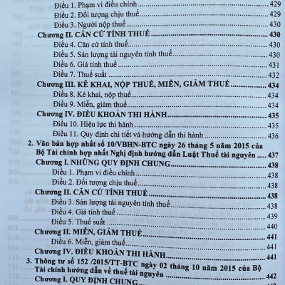 Luật thuế; Thuế giá trị gia tăng; Thu nhập doanh nghiệp; Thuế thu nhập cá nhân; Thuế xuất khẩu, Thuế nhập khẩu; Thuế tiêu thu đặc biệt; Thuế tài nguyên; Thuế bảo vệ môi trường; Thuế sử dụng đất phi nông nghiệp và các văn bản hướng dẫn thi hành