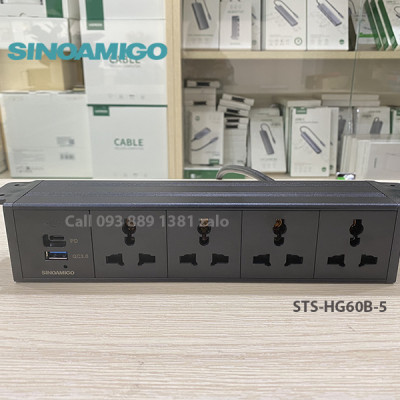 Sinoamigo STS-HG60B-5: Hộp ổ cắm Âm Bàn Hiện Đại Với Thiết Kế Lắp Âm Dưới Bàn - Tích hợp 4 ổ cắm đa năng, 1 cổng sạc USb type C (PD) và 1 cổng sạc USB type A (QC-3.0) - Hàng chính hãng