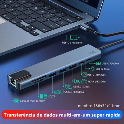 Bộ Chuyển Đổi Hub USB C Hub 8 Trong 1 Type C 3.1 Sang 4K RJ45 Đọc Thẻ SD / TF Cho MacBook Notebook Laptop Máy Tính - Hàng Nhập Khẩu